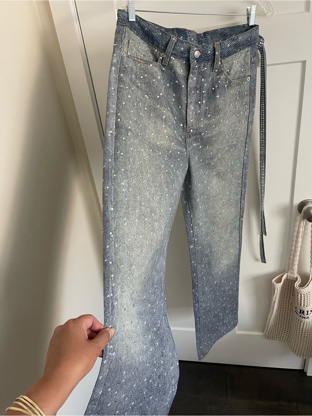 Blackicon Unisex Embellished Gray Denim Wide-Leg Jeans